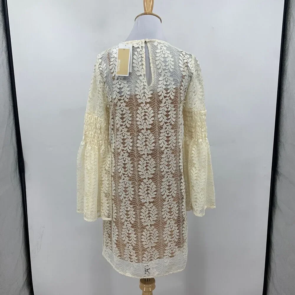 Michael Kors Dress Women Extra Small Ivory Sheer Lace Overlay Bell Sleeves Lined
